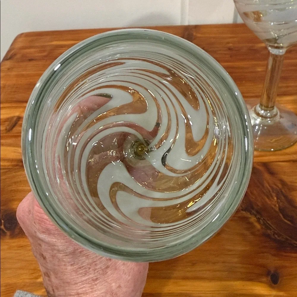Hand Blown in Mexico Iridescent Art Glass White Silver Swirl Wine Glasses x 2